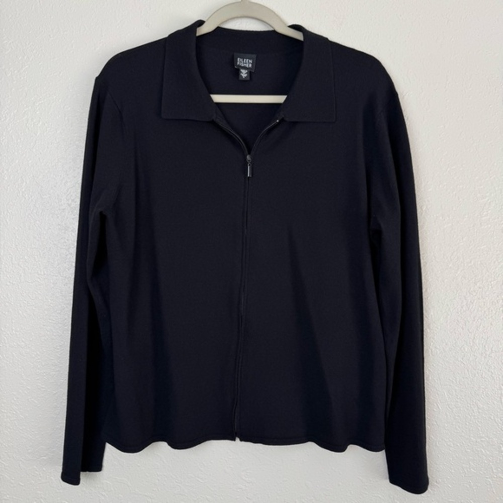 Eileen Fisher black‎ full zipper light cardigan sweater L
